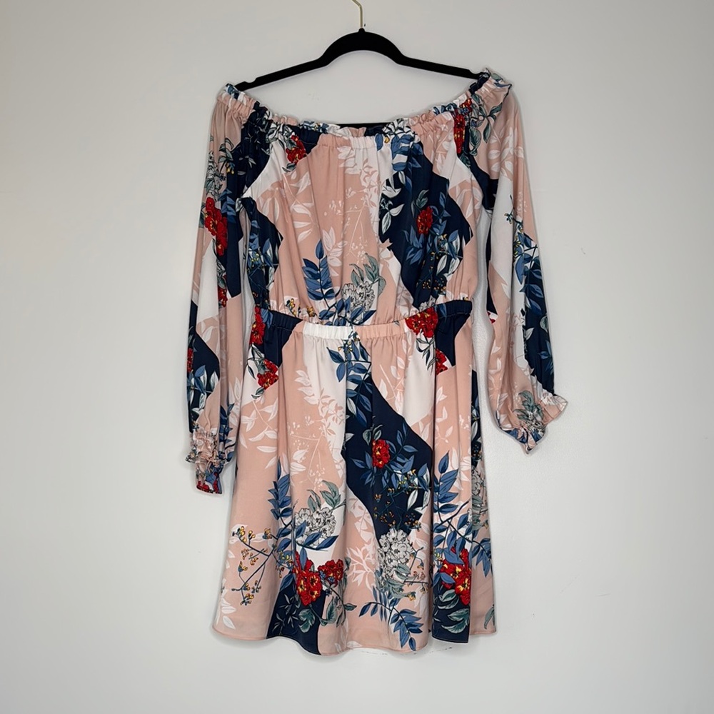 Floral Off-Shoulder Dress - Pink and Blue